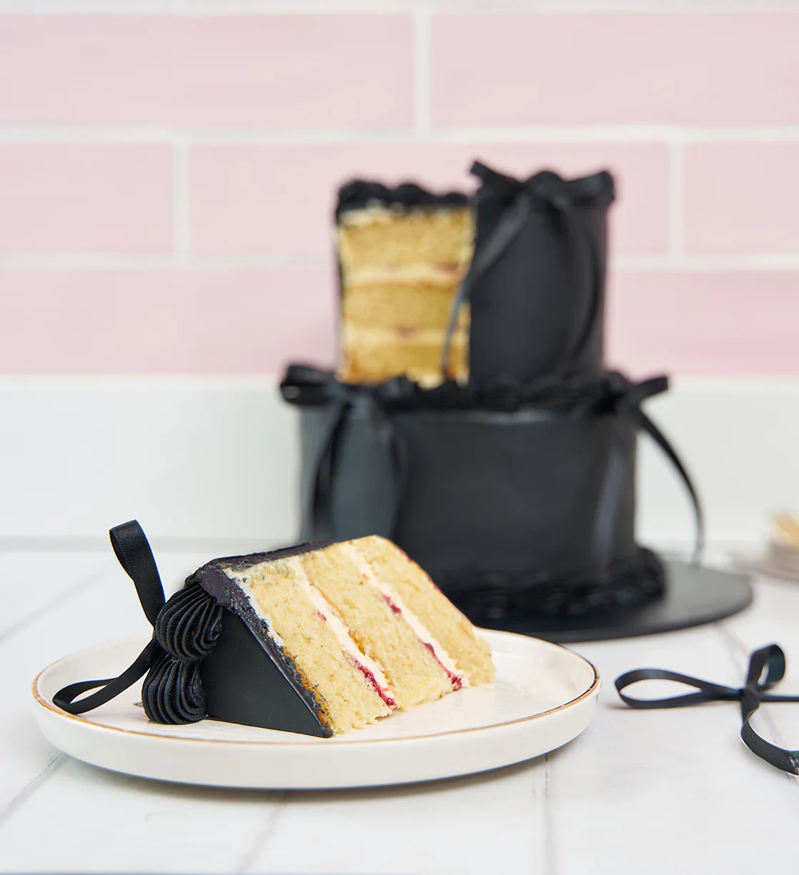 Black Mini Two Tier Ribbons and Ruffles Cake - Image 2