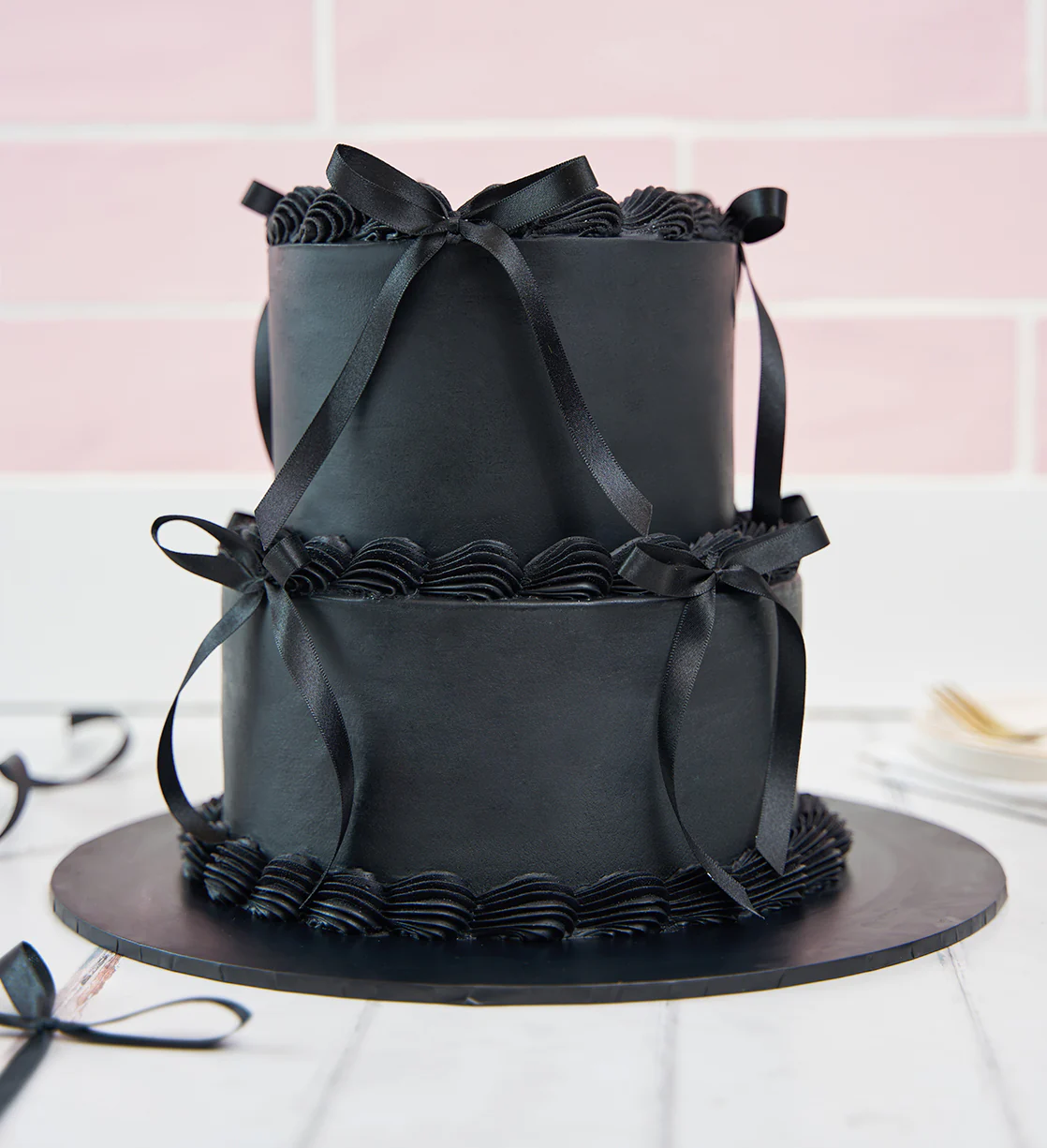 Black Mini Two Tier Ribbons and Ruffles Cake - Image 4