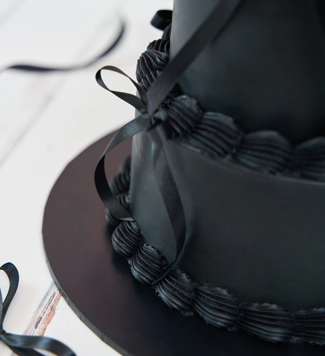 Black Mini Two Tier Ribbons and Ruffles Cake - Image 6