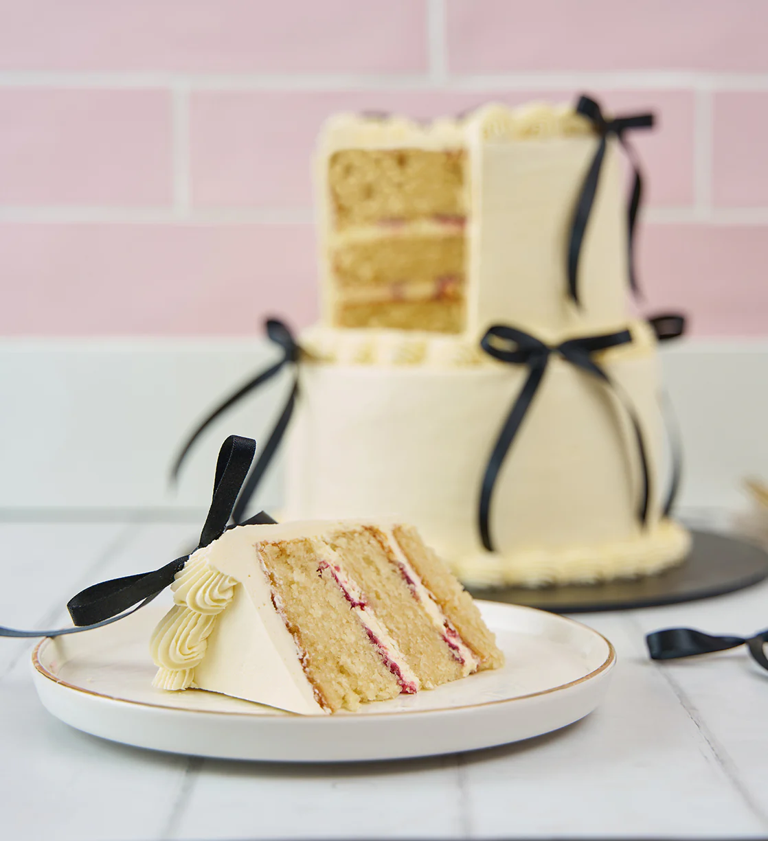 White and Black Mini Two Tier Ribbons and Ruffles Cake - Image 2