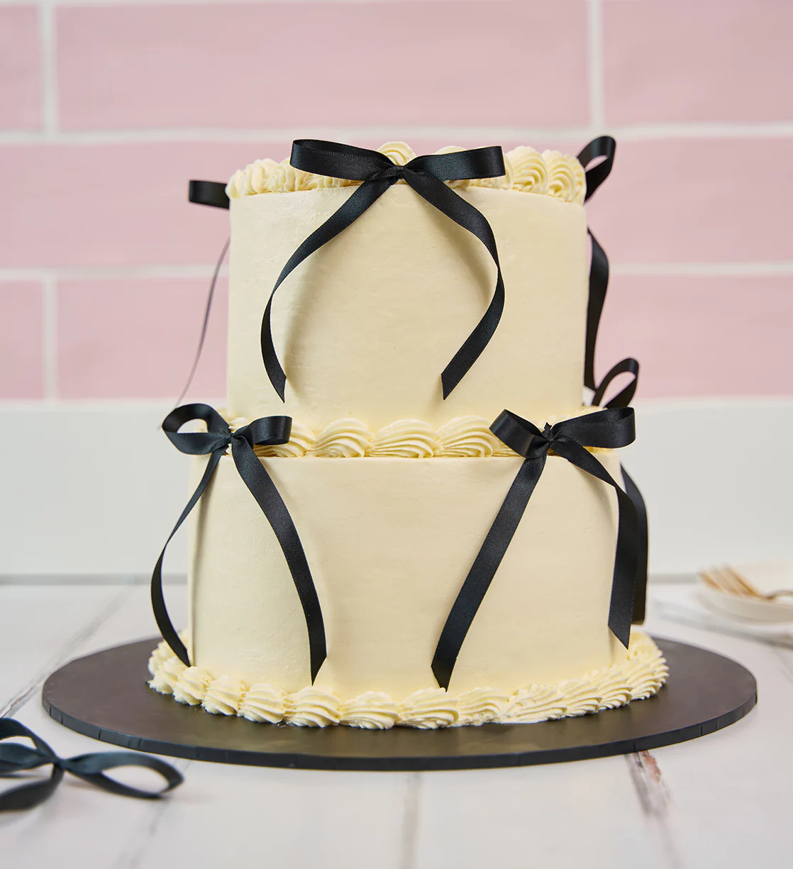 White and Black Mini Two Tier Ribbons and Ruffles Cake - Image 3
